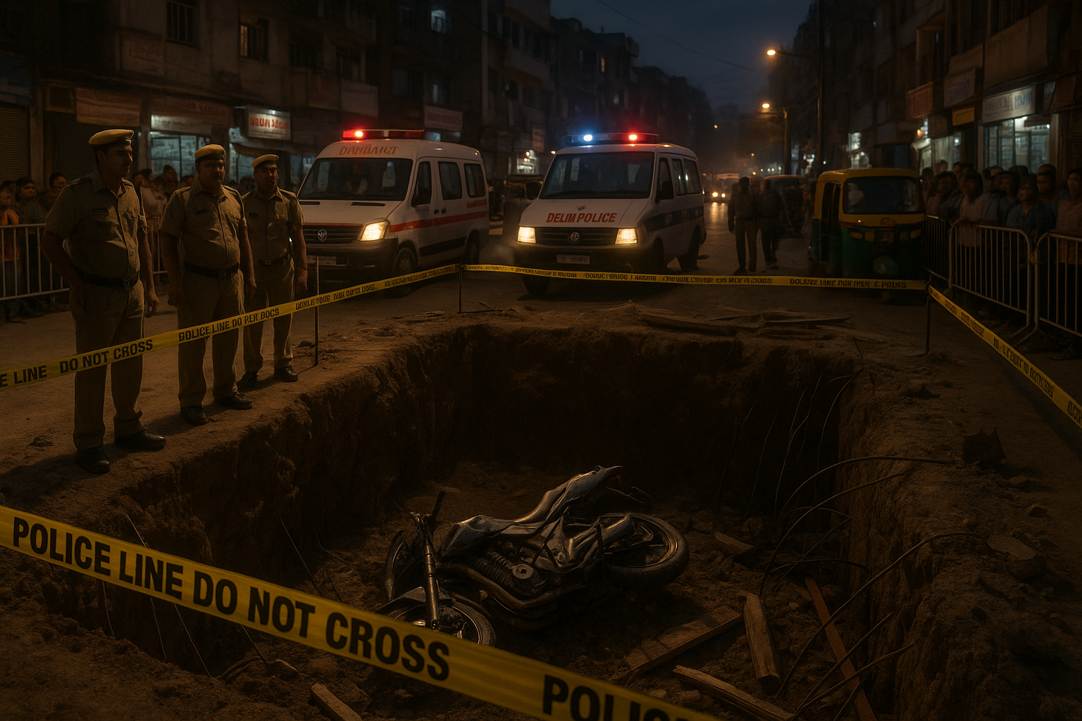 Illustrative photo of a motorbike accident into an open sewer pit in Janakpuri, Delhi, with emergency response and officials on site.