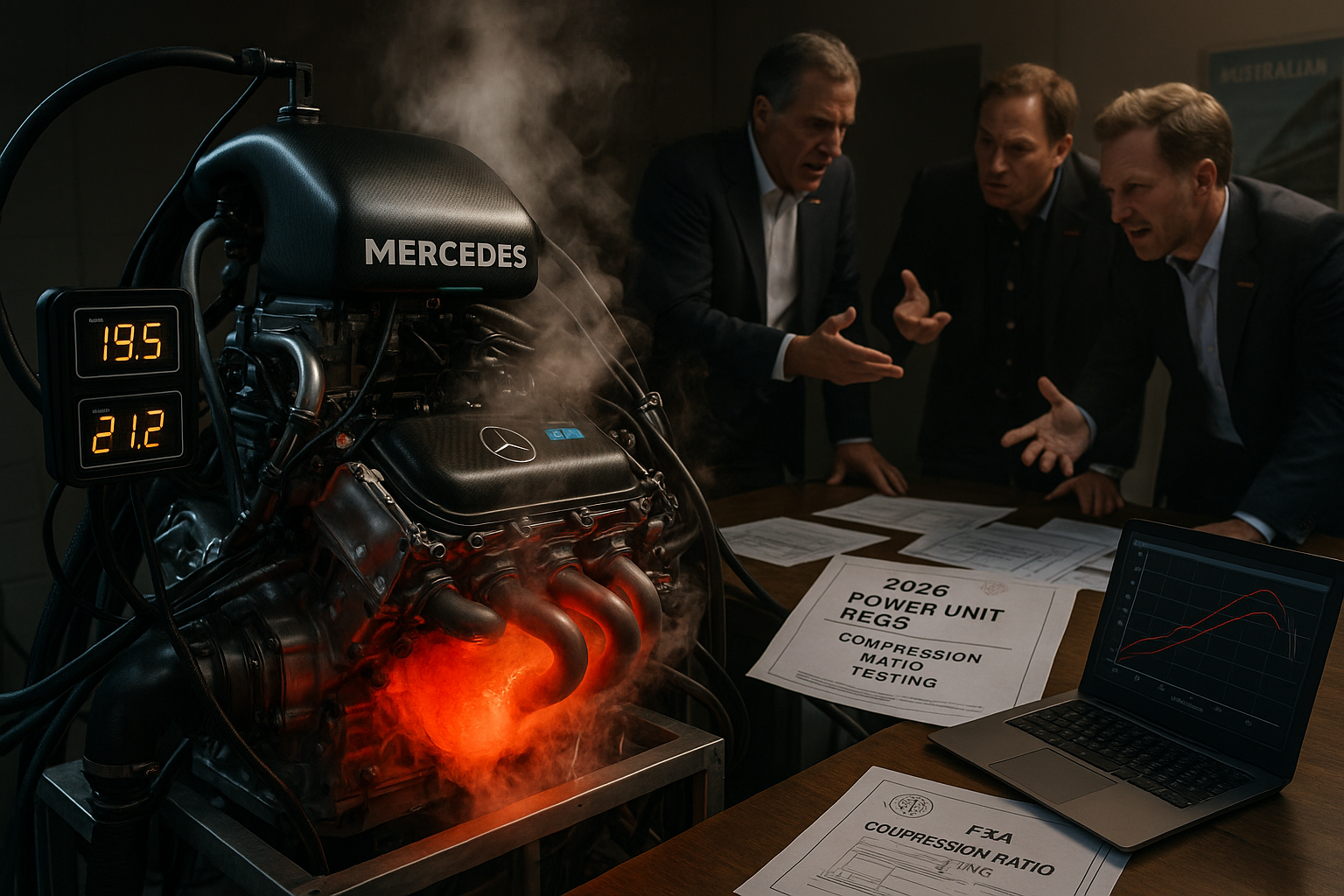 Illustration of Mercedes F1 engine under scrutiny amid rivals' push for 2026 compression ratio rule changes.