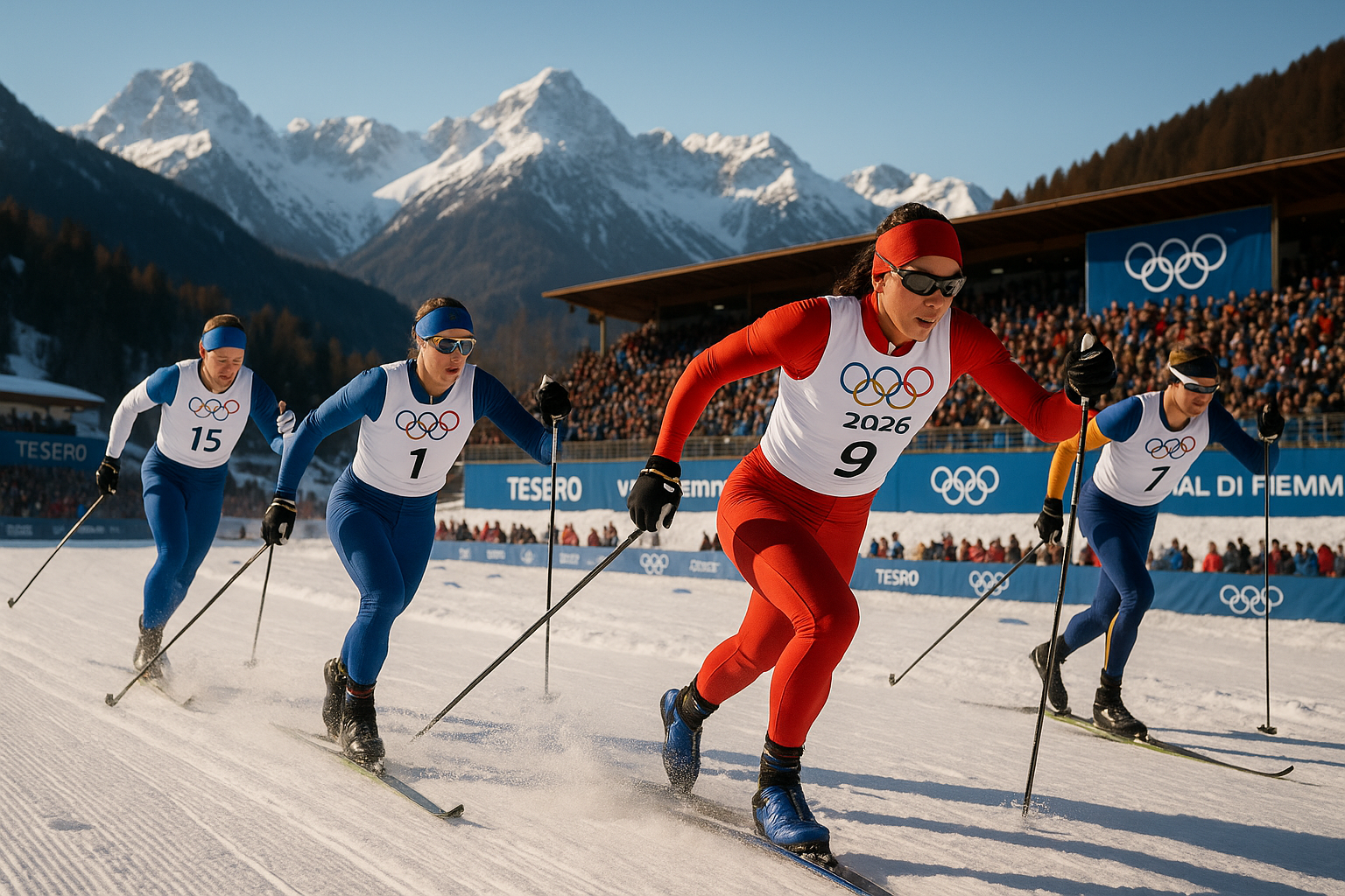 Cross-country skiers racing at Tesero Stadium during the 2026 Winter Olympics in Italy.