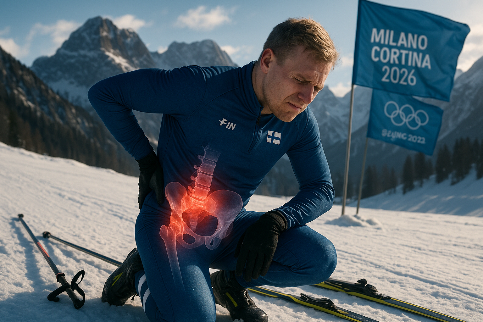 Finnish skier Remi Lindholm holds his injured lower back on a snowy slope, with 2026 Olympics banners in the background, illustrating his exclusion from the Games due to a stress fracture.