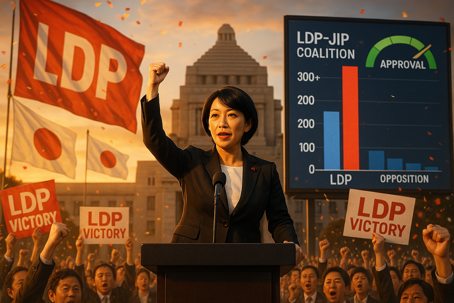 Illustration depicting Japan's LDP coalition's projected commanding win in lower house election, with PM Sanae Takaichi and surging poll graphs amid cheering supporters.
