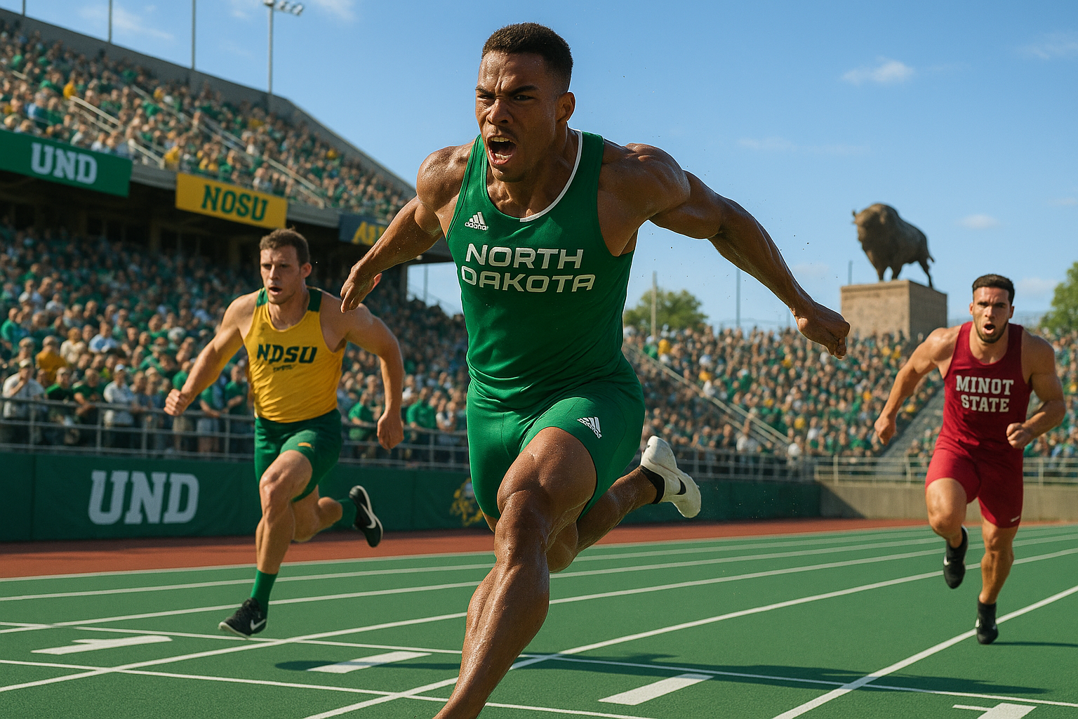University track and field athletes from UND, NDSU, and Minot State competing intensely at the Bison Open in Fargo.