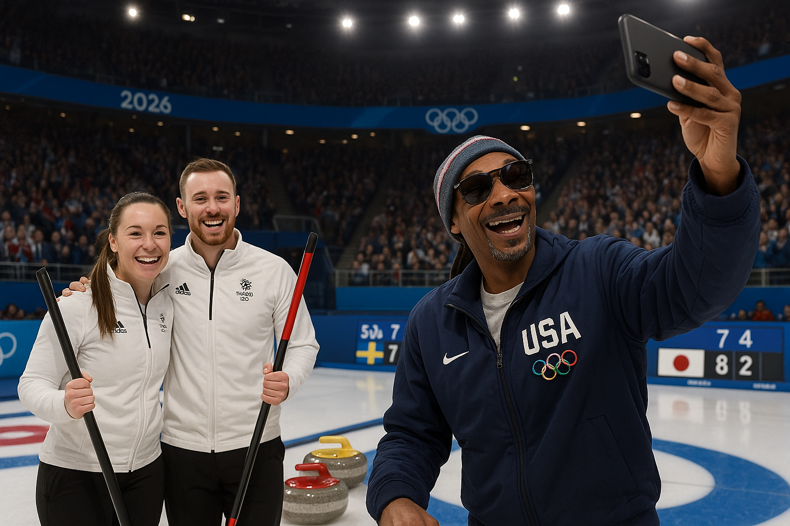 Great Britain's undefeated curling duo Jennifer Dodds and Bruce Mouat pose on Olympic ice with Snoop Dogg requesting a photo after victories.