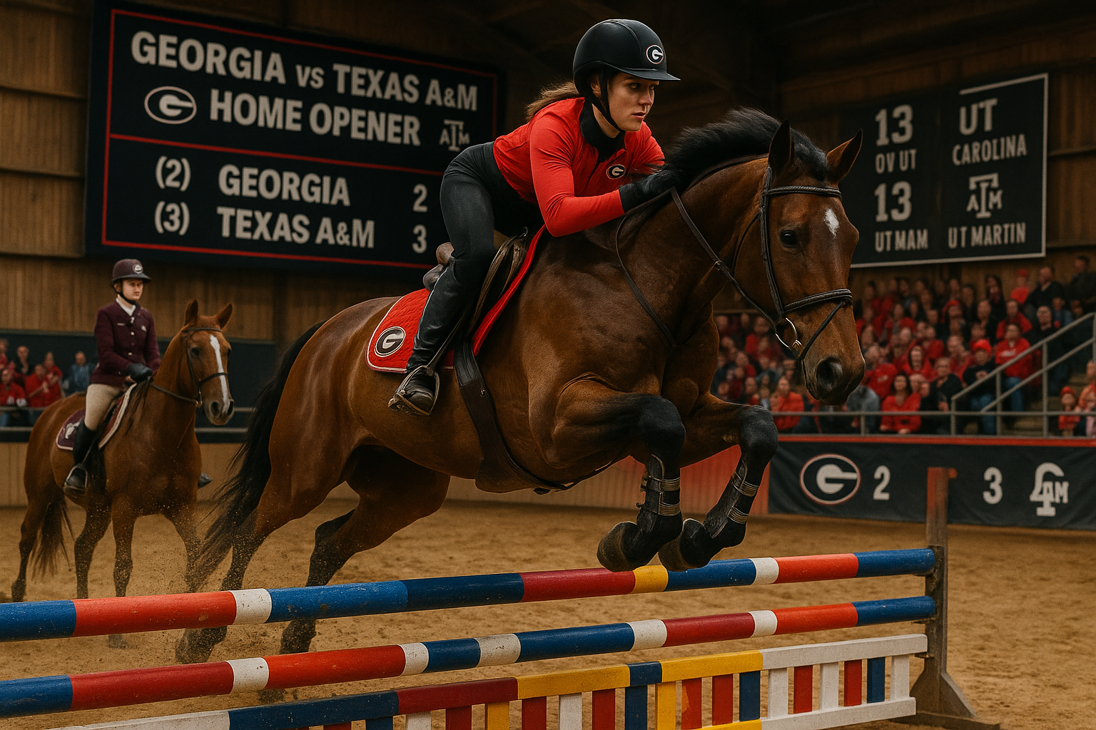 Action shot of No. 2 Georgia Bulldogs equestrian rider jumping horse during home opener against No. 3 Texas A&M Aggies at UGA Equestrian Complex.
