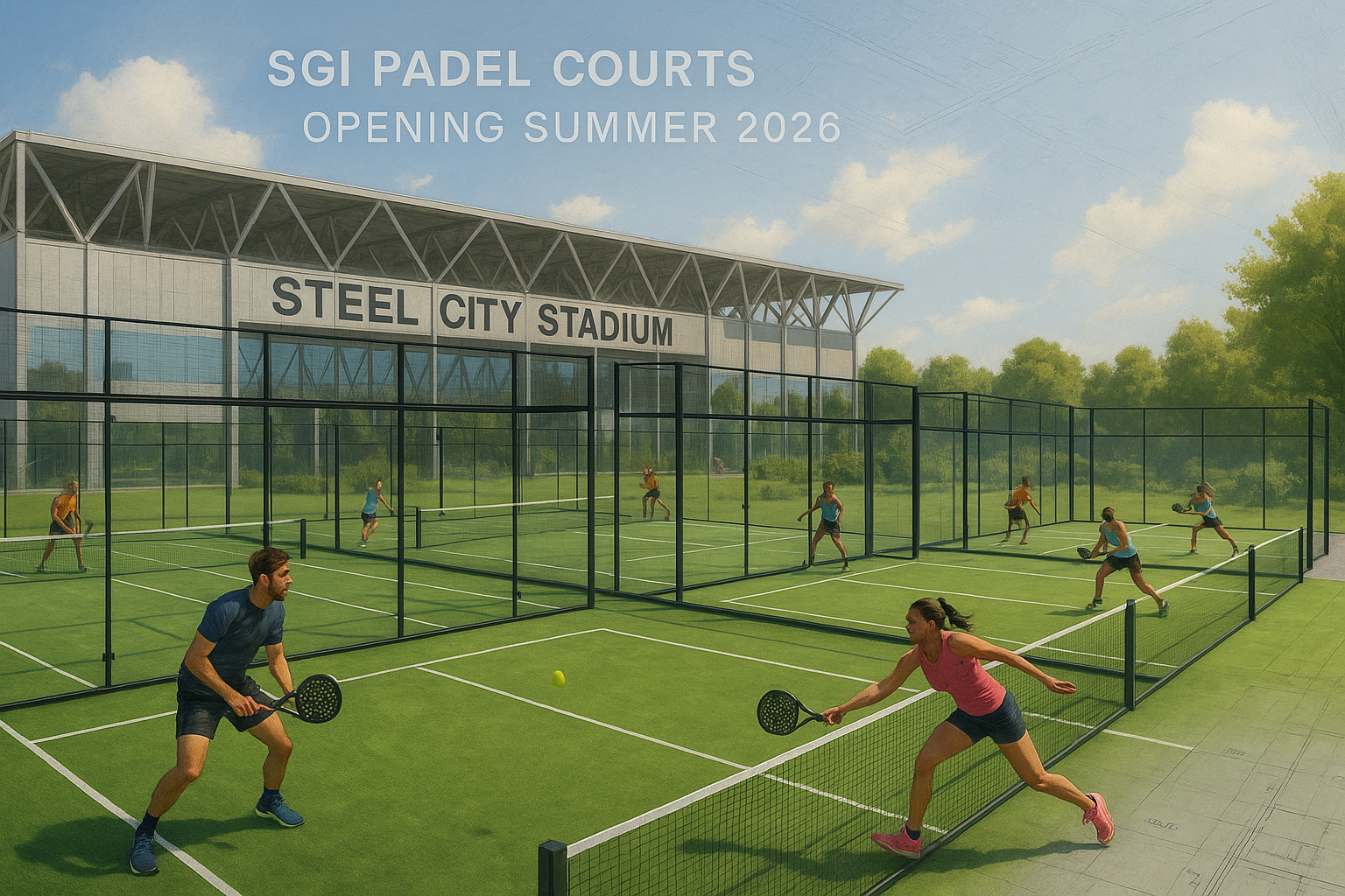Artist's impression of three proposed padel tennis courts at Steel City Stadium in Sheffield's Olympic Legacy Park, with players in action and stadium backdrop.
