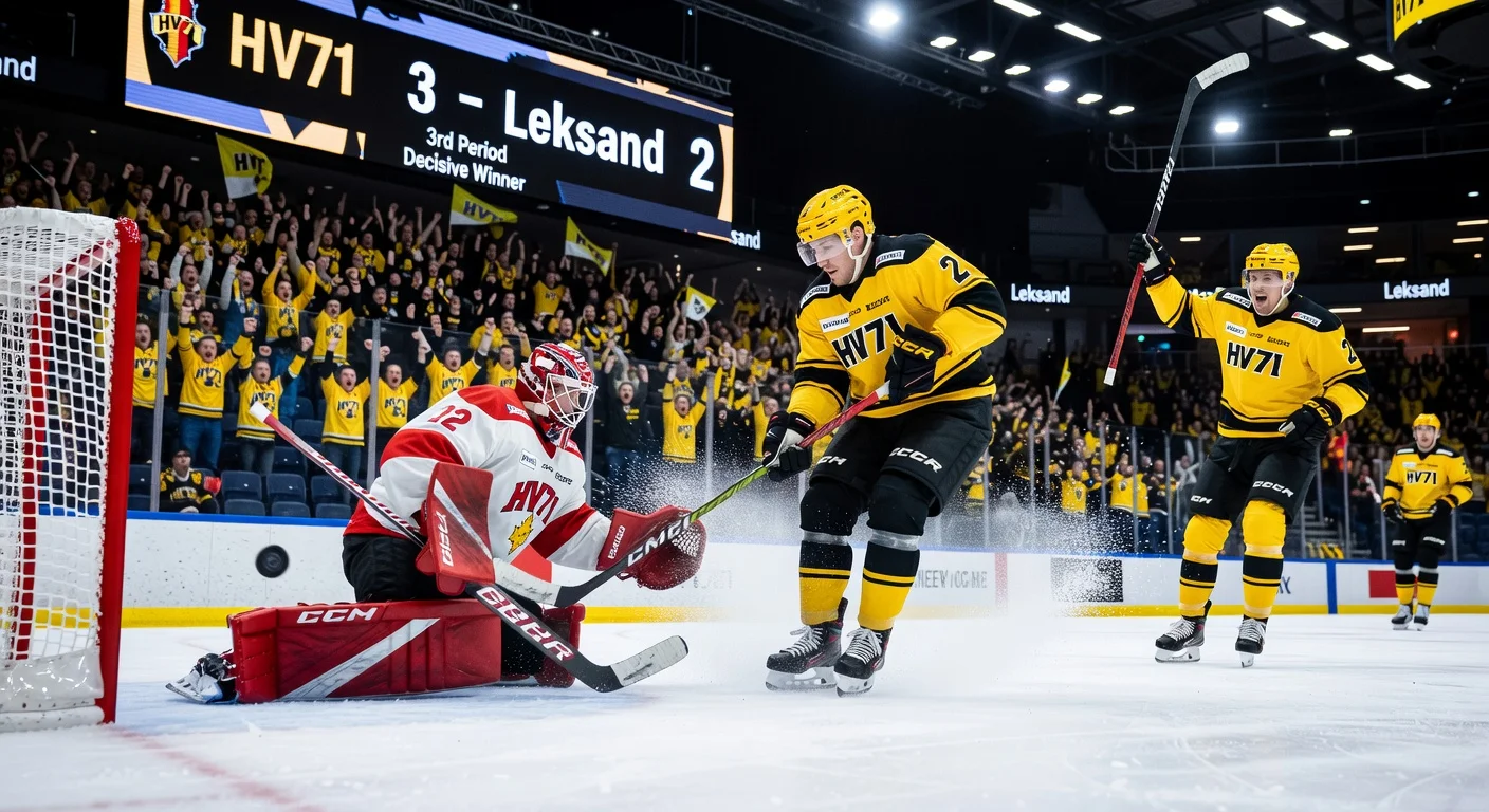 HV71's Andreas Borgman scores the game-winning goal against Leksand in SHL relegation thriller, celebrating the 3-2 comeback victory.
