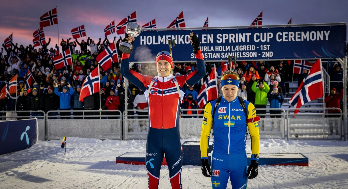 Sturla Holm Lægreid wins biathlon sprint cup over disappointed Sebastian Samuelsson at Holmenkollen award ceremony.