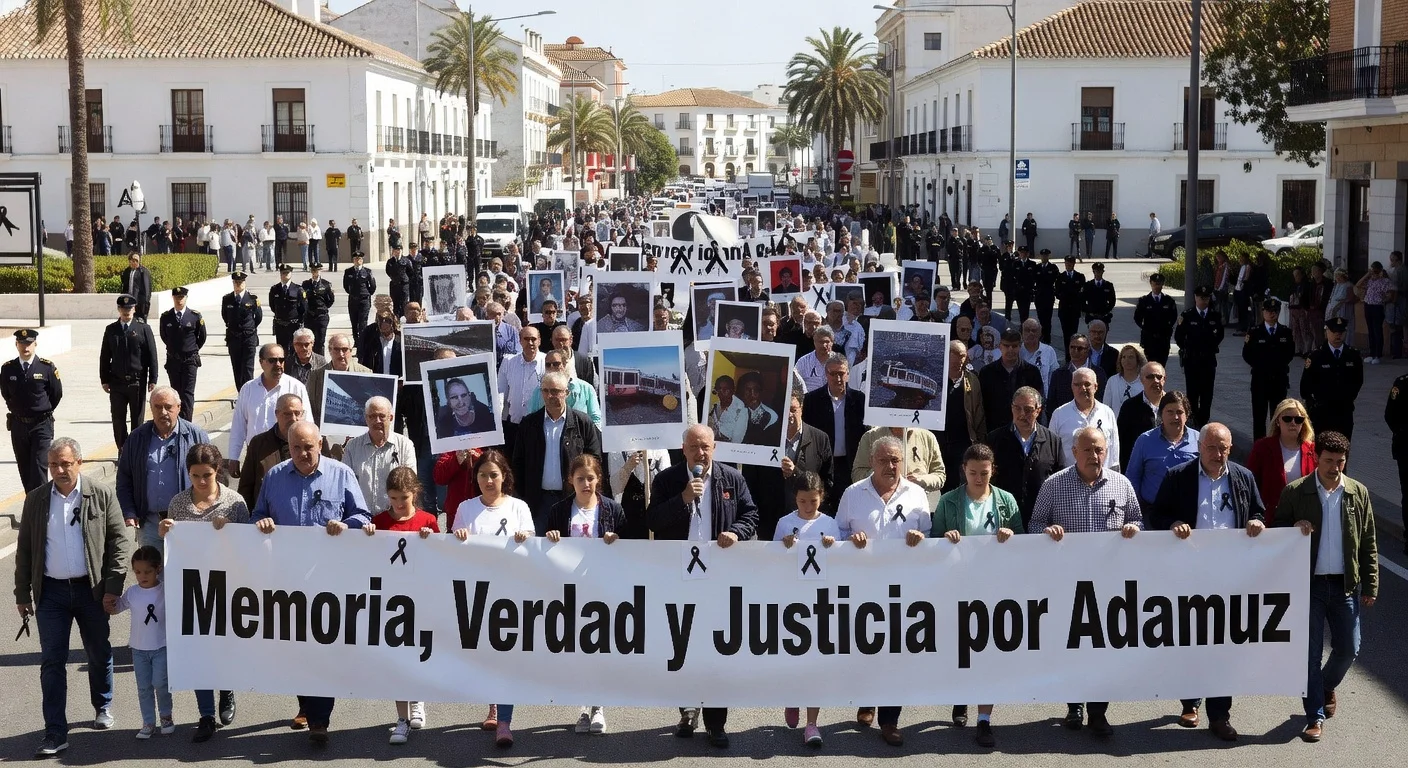 Thousands march silently in Huelva demanding memory, truth, and justice for Adamuz rail accident victims.