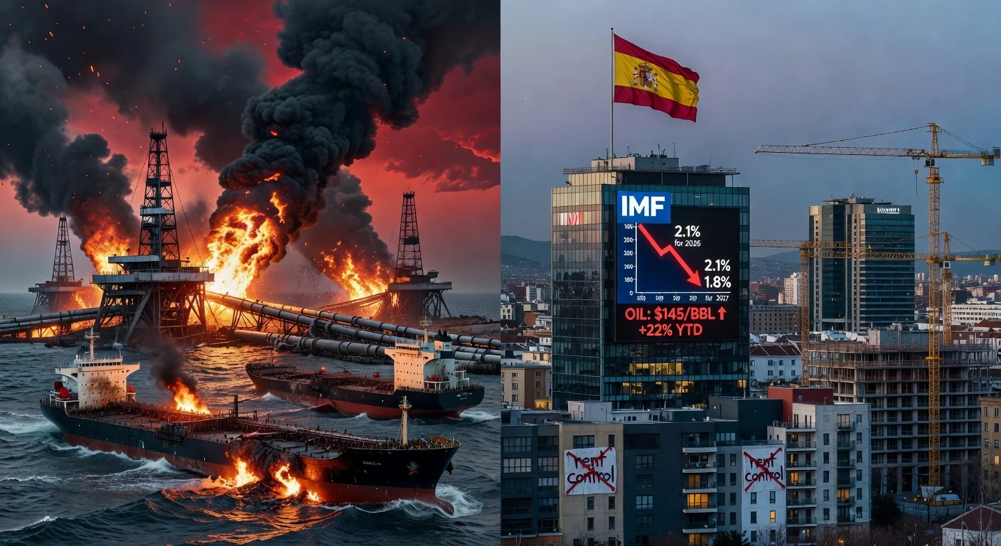 Dramatic split-image depicting Middle East oil conflict impacting Spain's economy with declining IMF growth forecasts and housing policy recommendations.