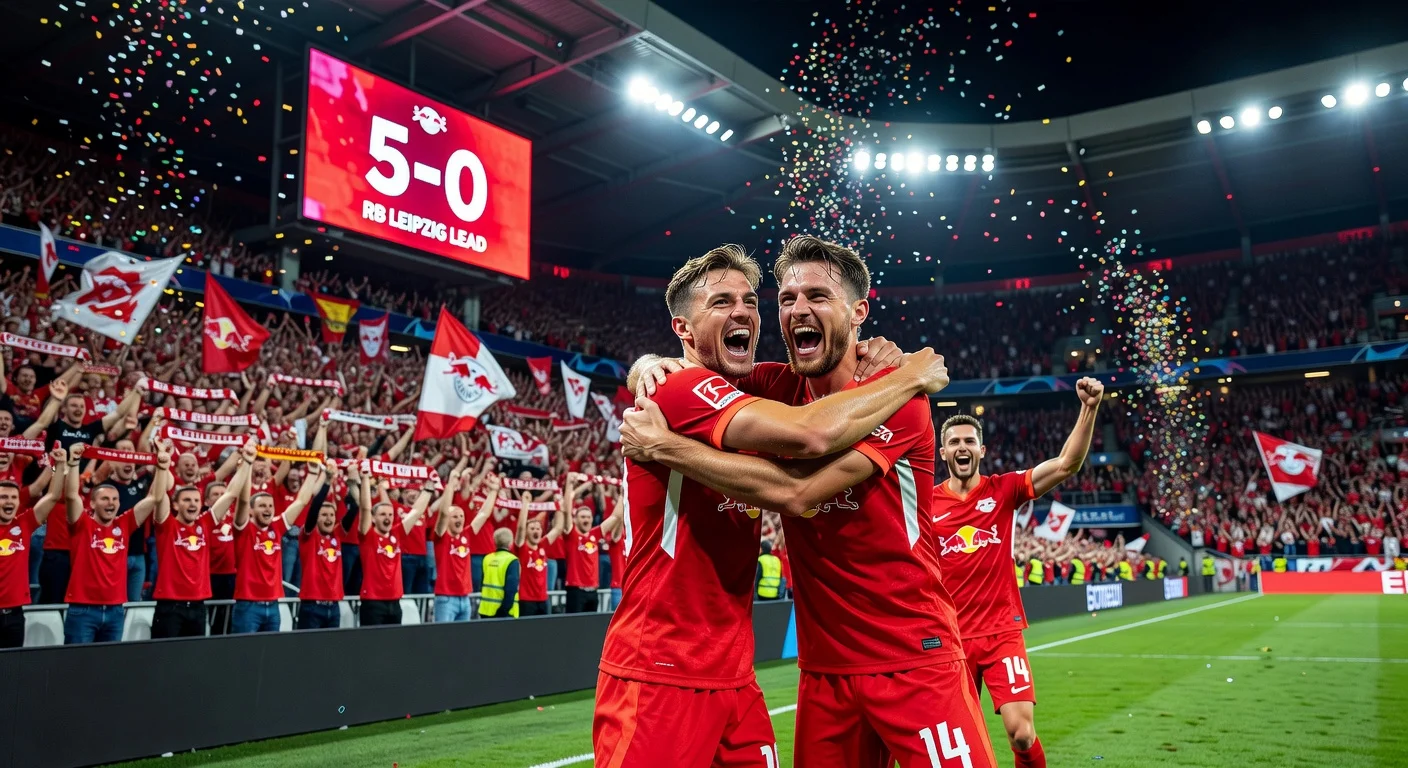RB Leipzig players Brajan Gruda and Christoph Baumgartner celebrate 5-0 win over TSG Hoffenheim in Bundesliga match.