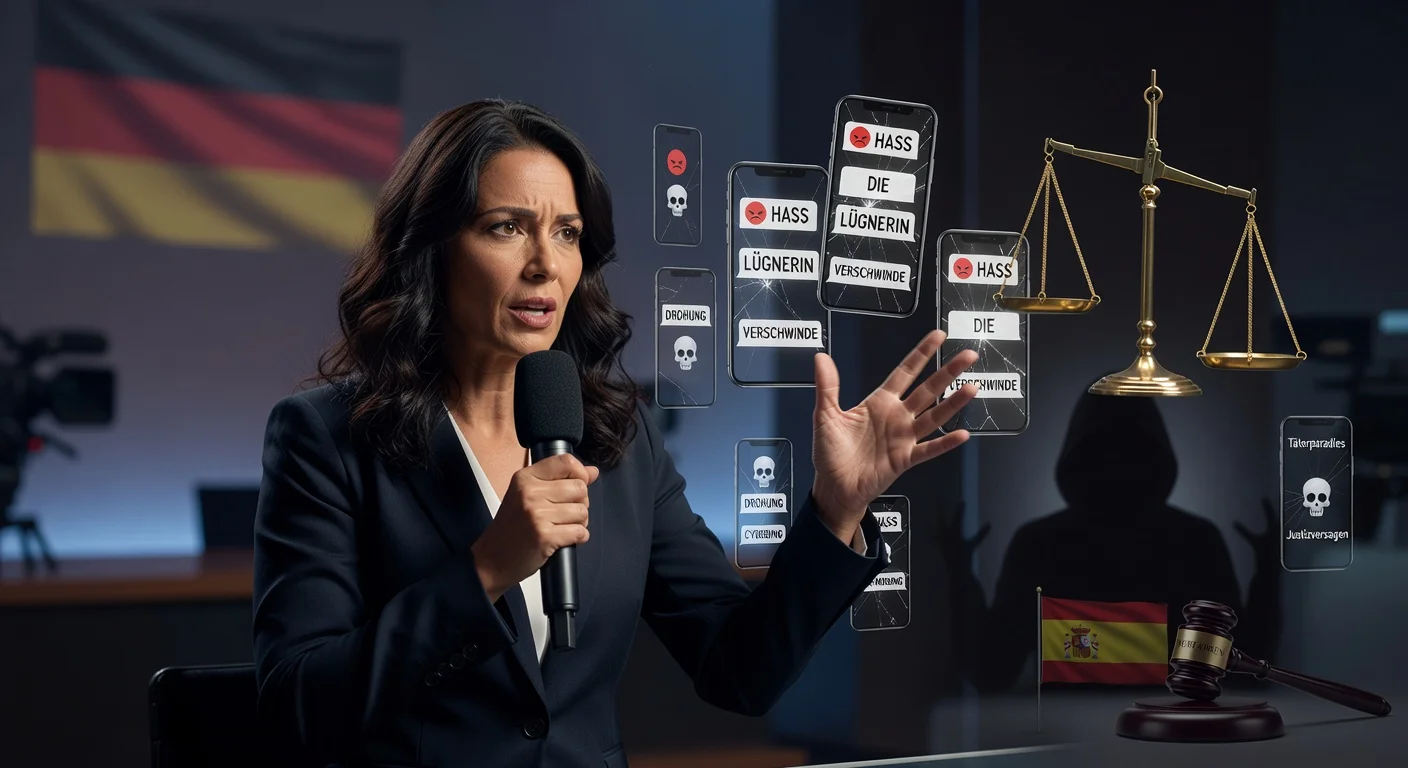 Actress Collien Fernandes denounces Germany as 'perpetrator paradise' for digital violence in TV interview, with symbolic justice and cyberbullying elements.