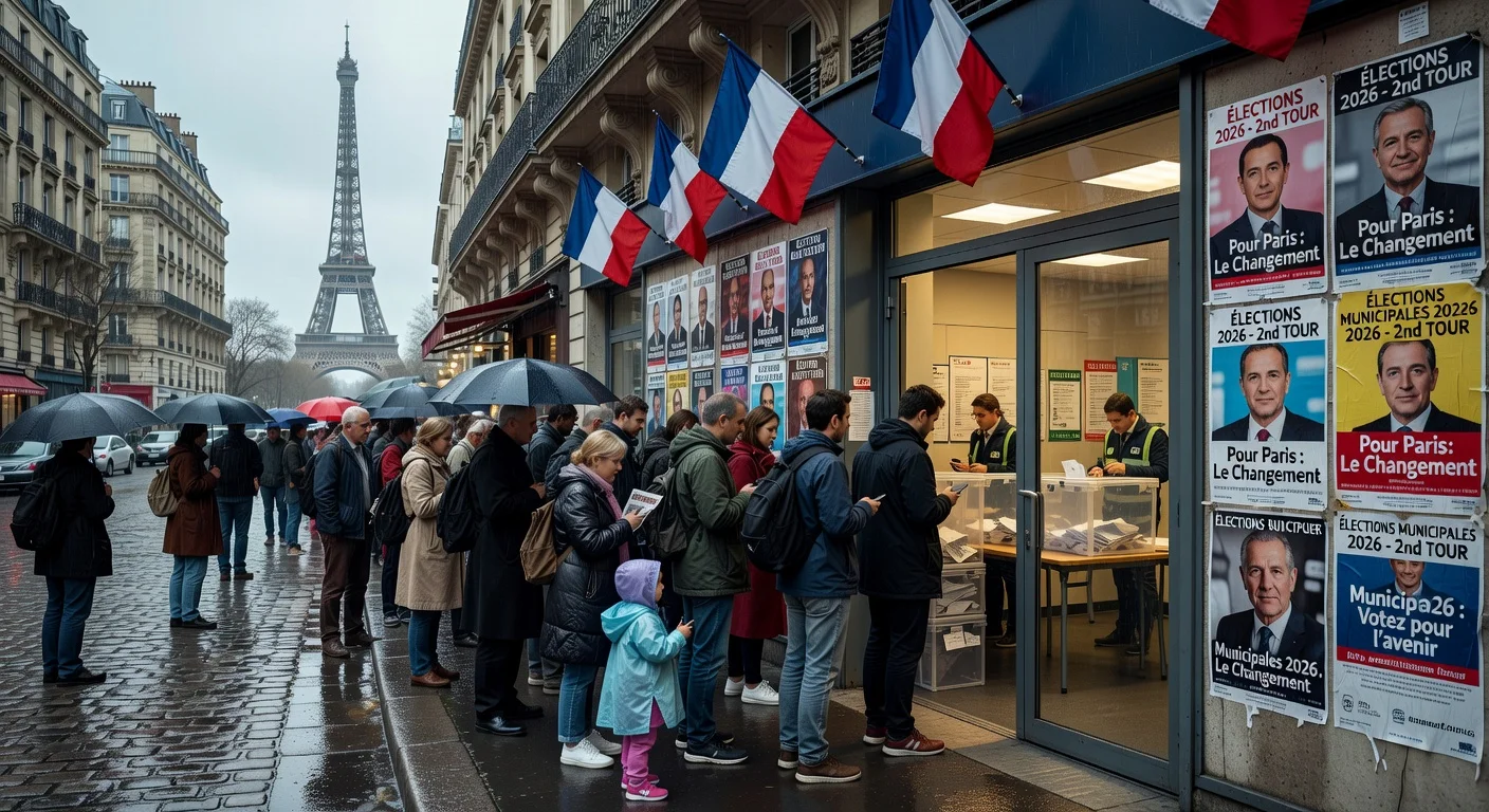 Voters queuing at a Paris polling station during the second round of the 2026 French municipal elections, highlighting national stakes and urban election atmosphere.