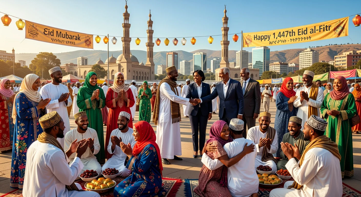 Ethiopian Muslims joyfully celebrating Eid al-Fitr in Addis Ababa amid prayers, festivities, and greetings from city officials.