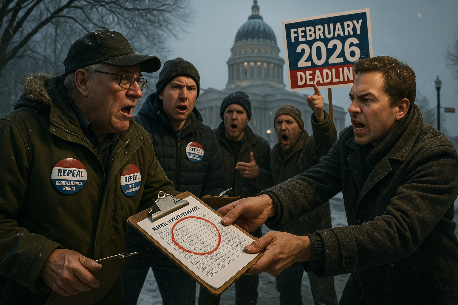 Illustration depicting Utah GOP petition gatherers facing fraud allegations and scuffles with opponents near ballot deadline.