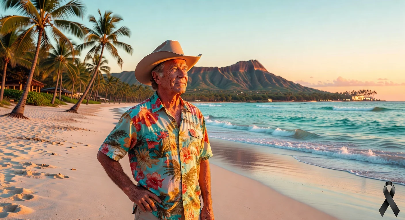 Realistic illustration of elderly Chuck Norris on a Hawaiian beach at sunset, commemorating his passing at age 86.