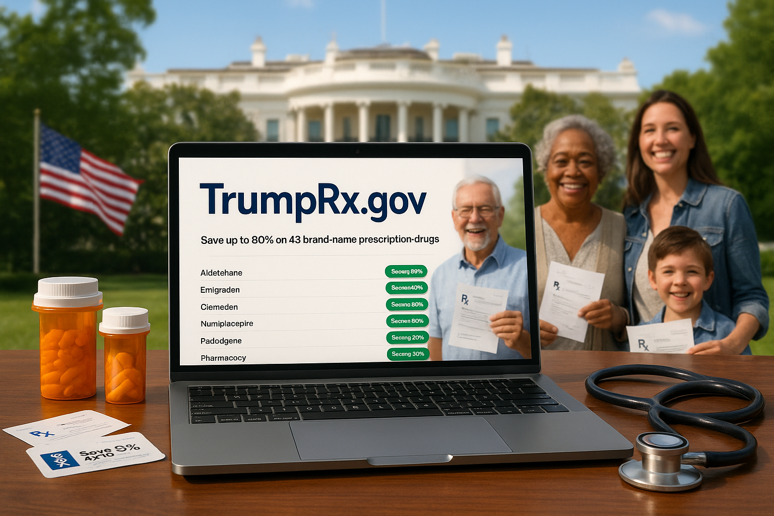 Laptop screen showing TrumpRx.gov homepage with drug discounts, White House backdrop, and happy patients for news illustration.