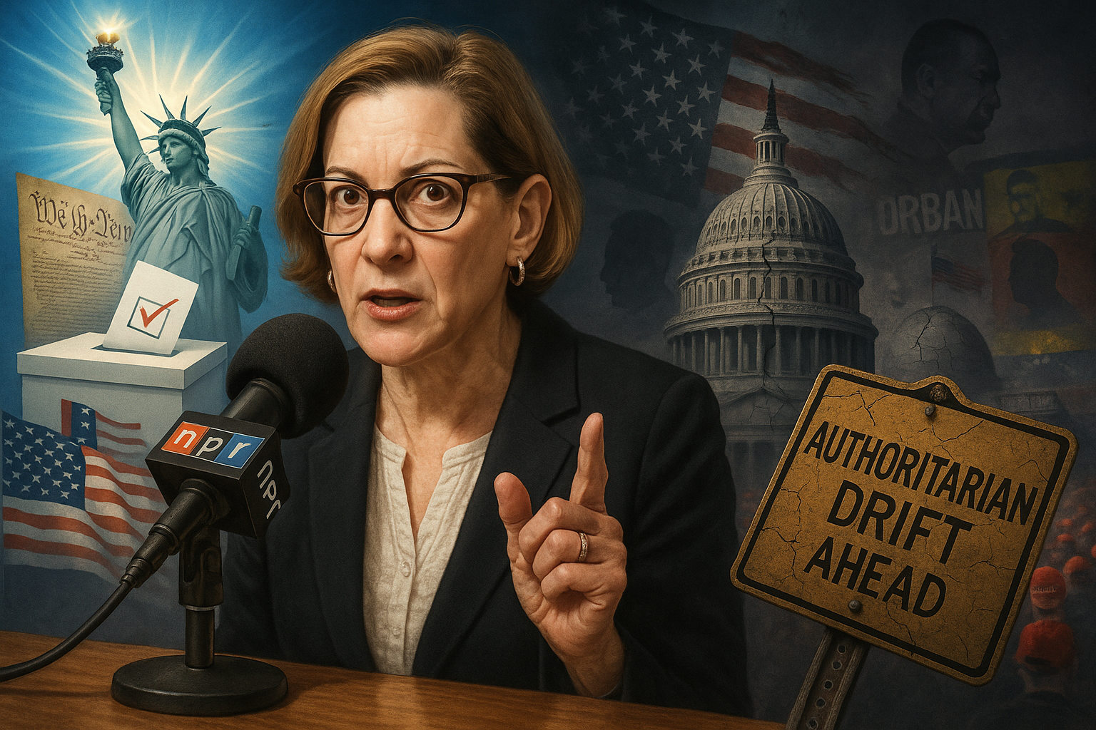 Illustration of Anne Applebaum on NPR discussing U.S. warning signs of authoritarian drift, with symbolic split imagery of democracy and emerging threats.