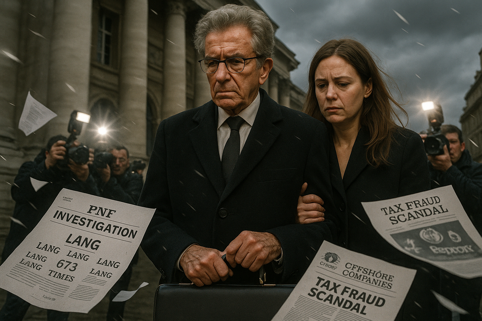 Illustration of Jack Lang and daughter facing PNF probe into Epstein-linked tax fraud.