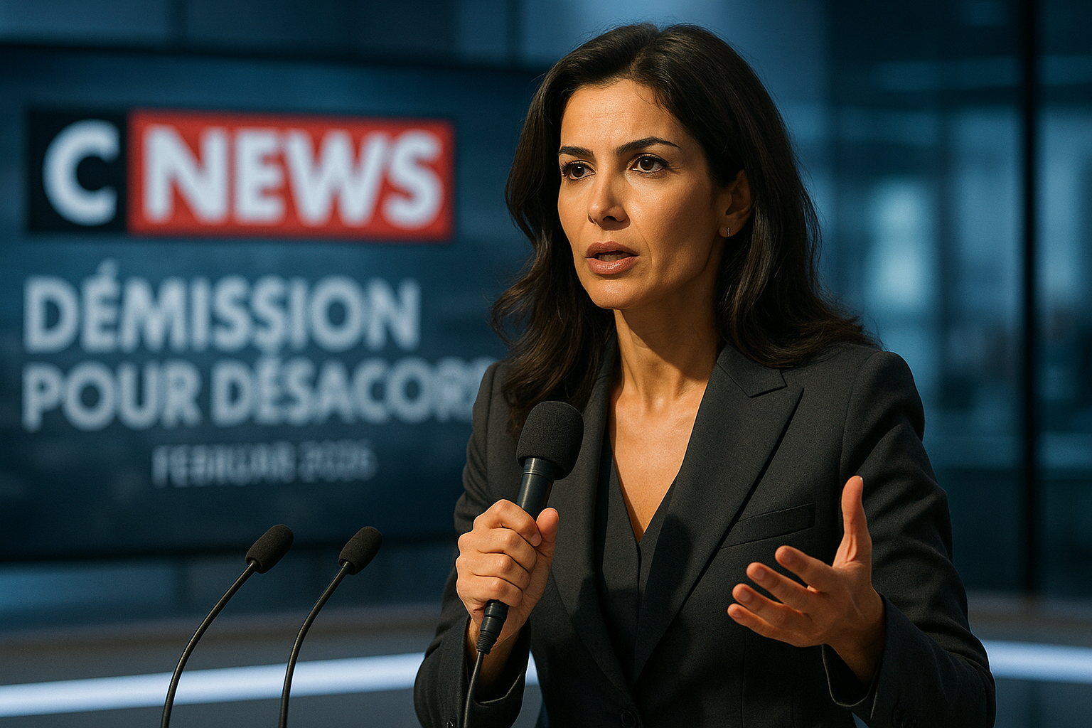 Realistic illustration of Sonia Mabrouk announcing her resignation from CNews amid controversy over colleague retention.