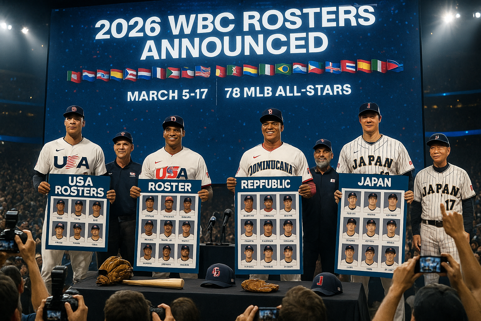 Illustration of 2026 World Baseball Classic roster announcement highlighting stacked lineups from USA, Dominican Republic, Japan, and 78 MLB All-Stars.