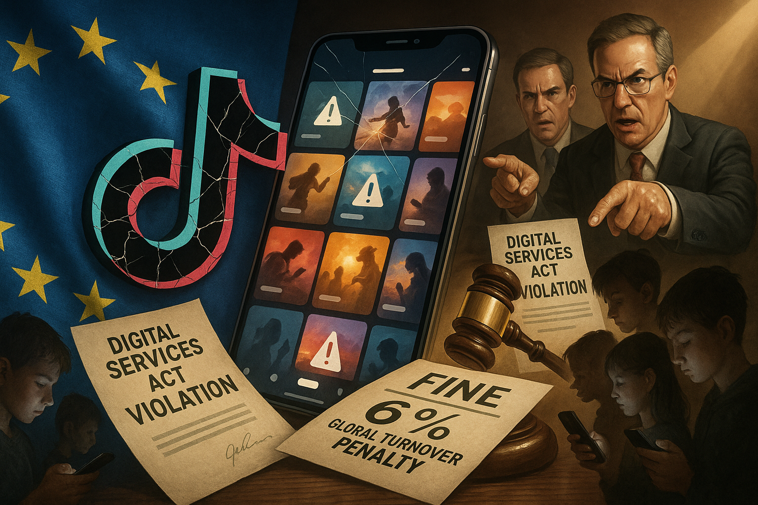 Realistic illustration depicting EU regulators finding TikTok in breach of Digital Services Act over addictive features like infinite scroll, with fines looming.