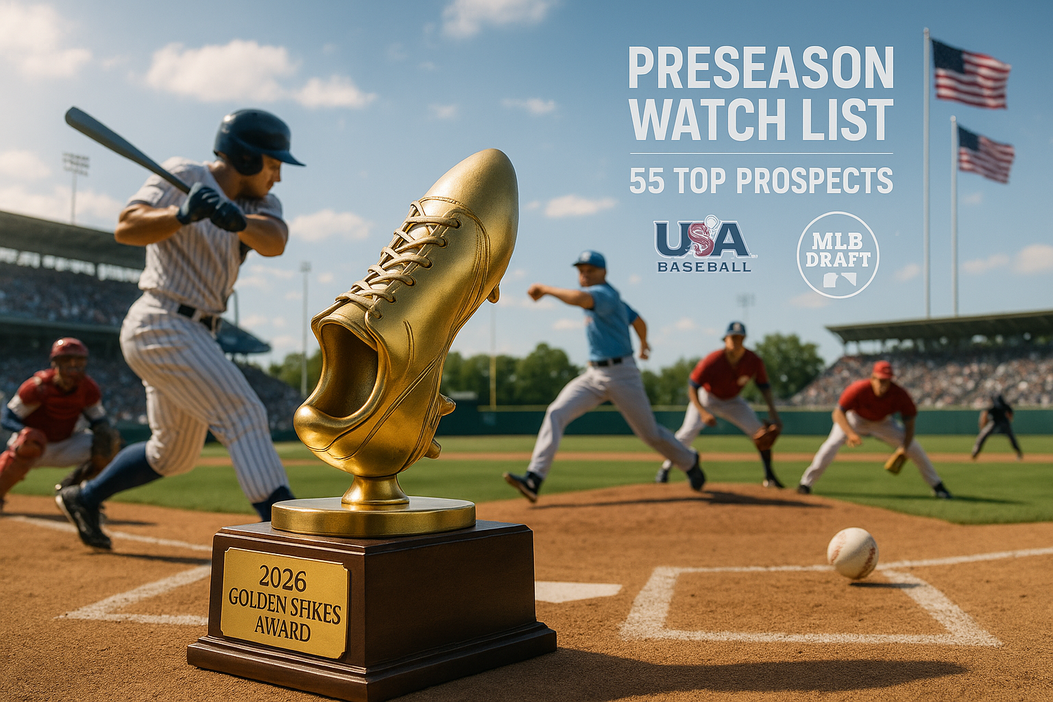 Dynamic photo illustration of top amateur baseball players and the 2026 Golden Spikes Award preseason watch list trophy.
