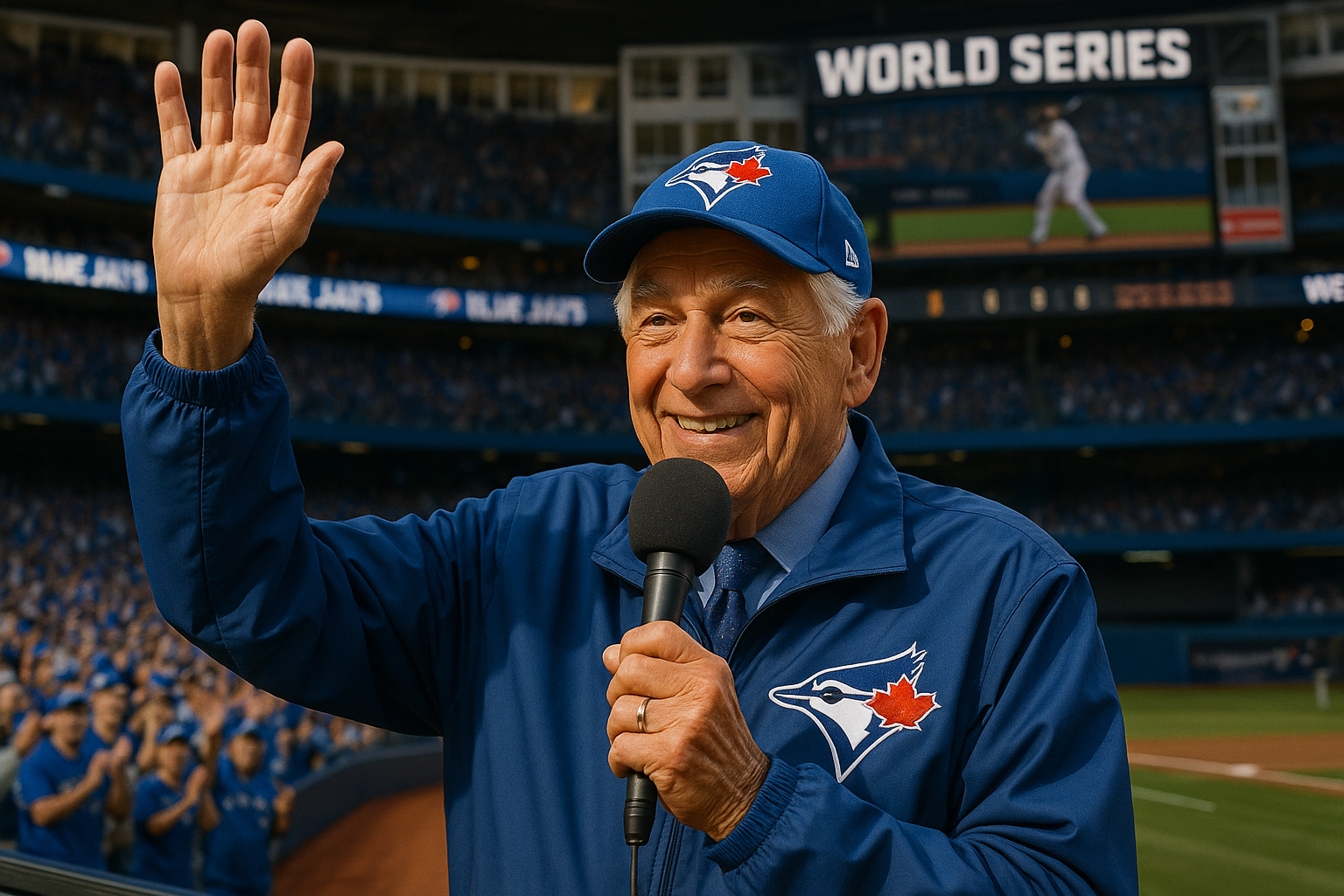 Buck Martinez, retiring Blue Jays broadcaster, waves gratefully from the booth in his final World Series game.