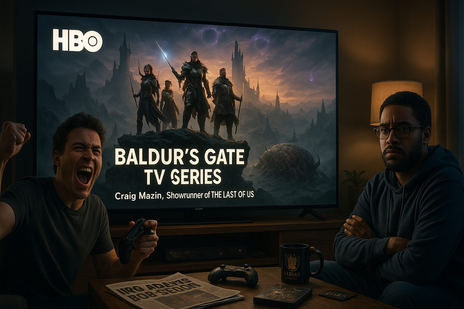 Photorealistic news illustration of HBO's Baldur's Gate TV series reveal, showing a post-BG3 fantasy epic on TV with excited and skeptical fans.
