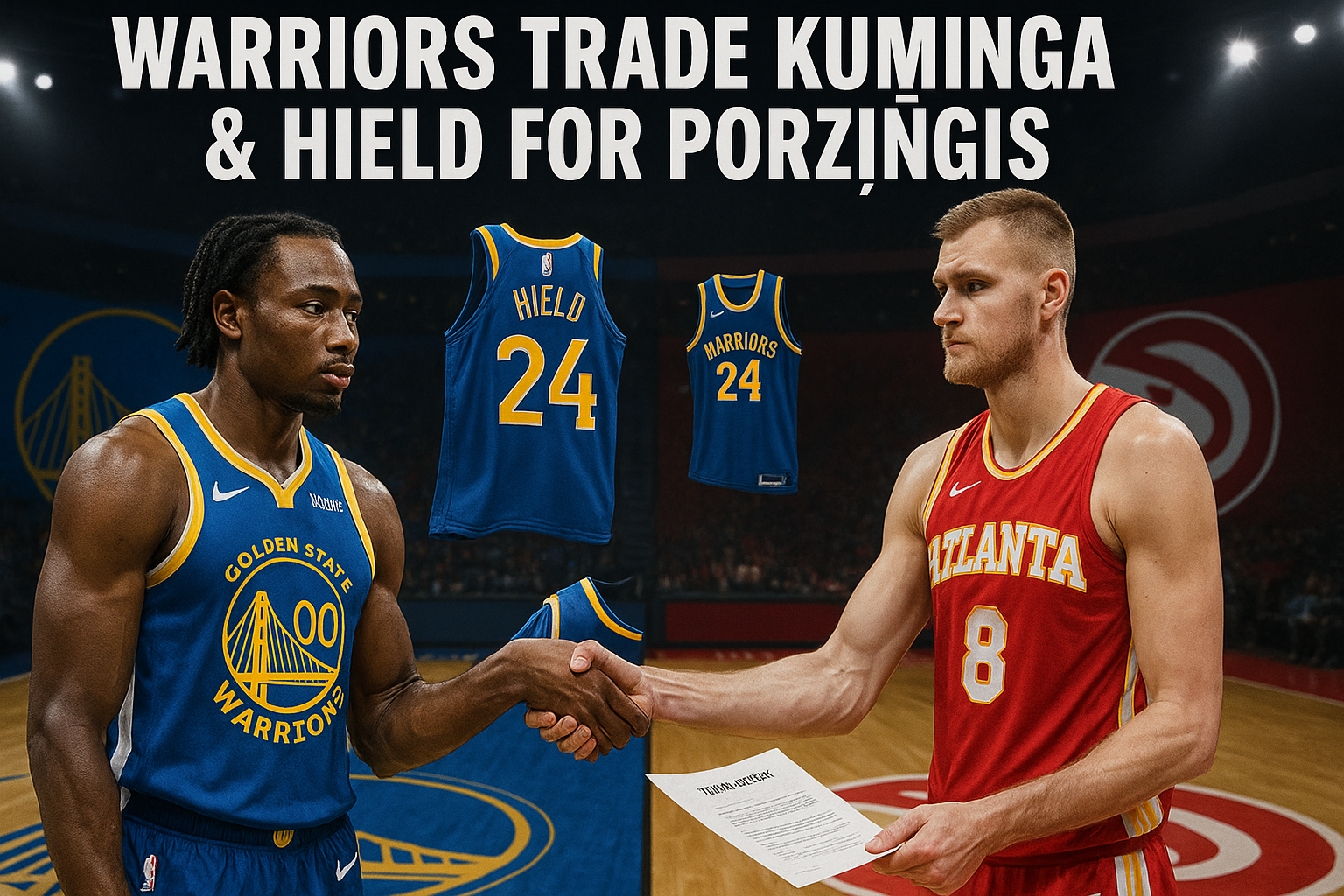 Photorealistic illustration depicting NBA trade handshake between Jonathan Kuminga (Warriors) and Kristaps Porziņģis (Hawks) with symbolic jersey exchange.