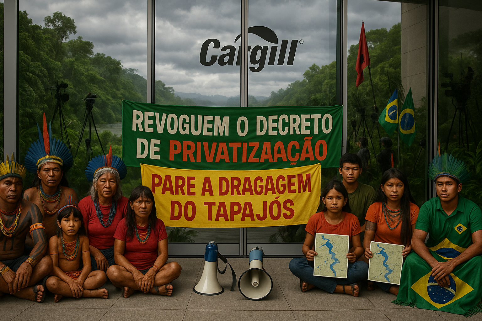 Indigenous protesters occupy Cargill headquarters in Santarém, Brazil, continuing demonstration against Tapajós River dredging plans.