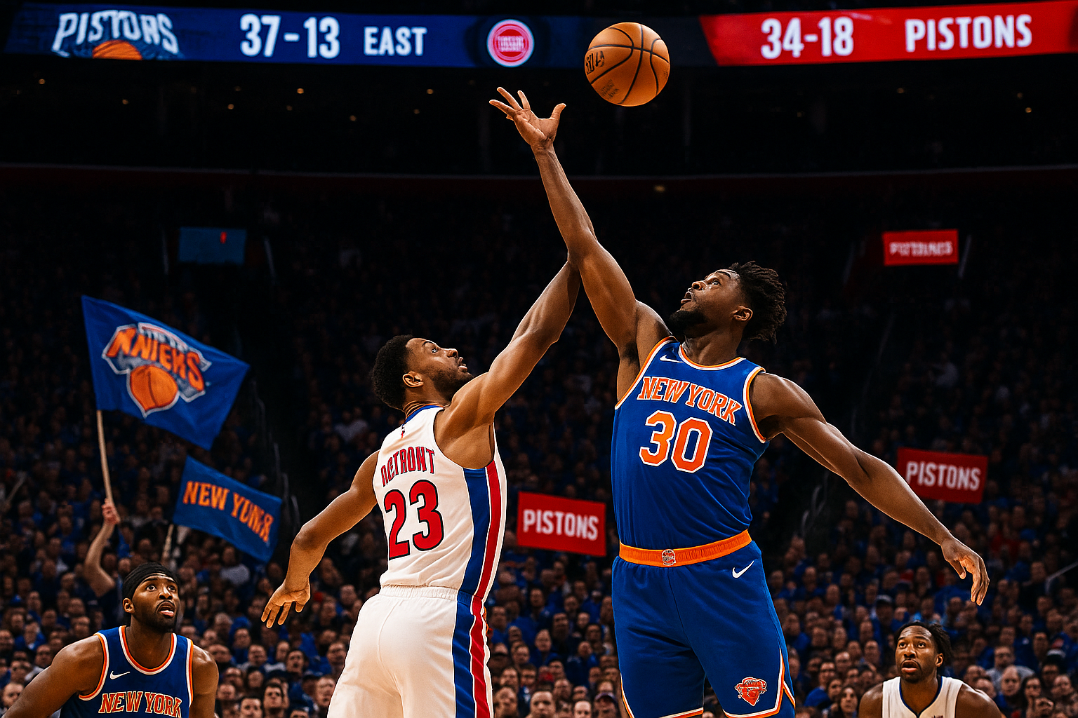 Dynamic action shot of Knicks vs. Pistons NBA tip-off, top Eastern Conference teams clash.
