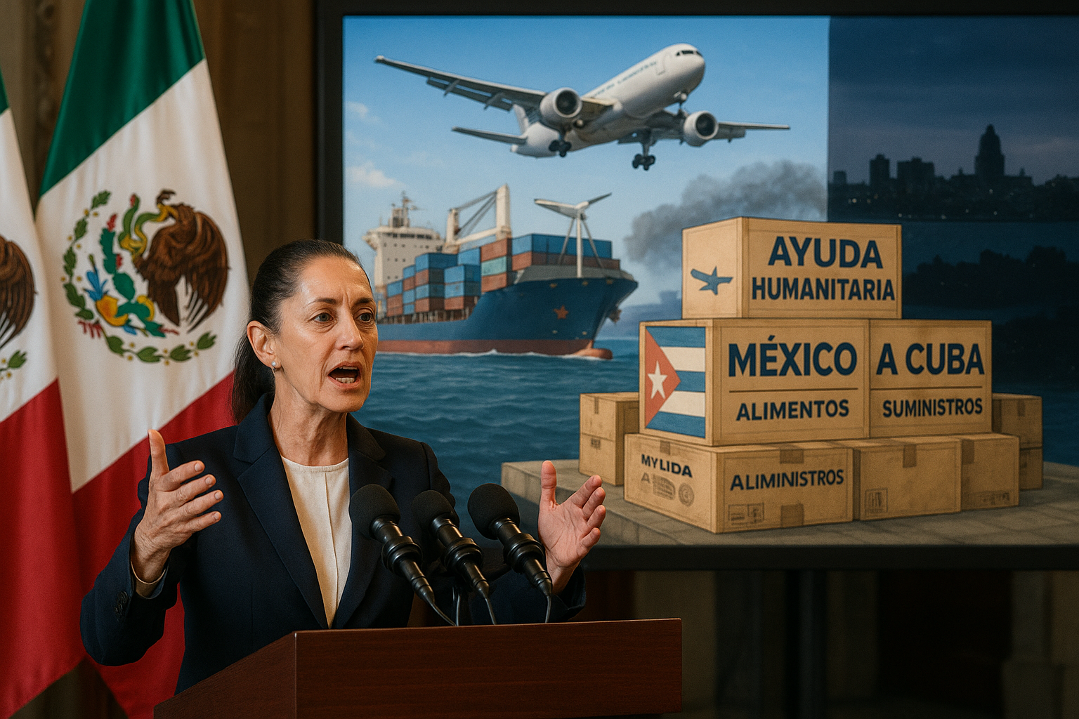 Mexican President Claudia Sheinbaum announces humanitarian aid to Cuba at a press conference, with visuals of aid shipments and Cuba's energy crisis.