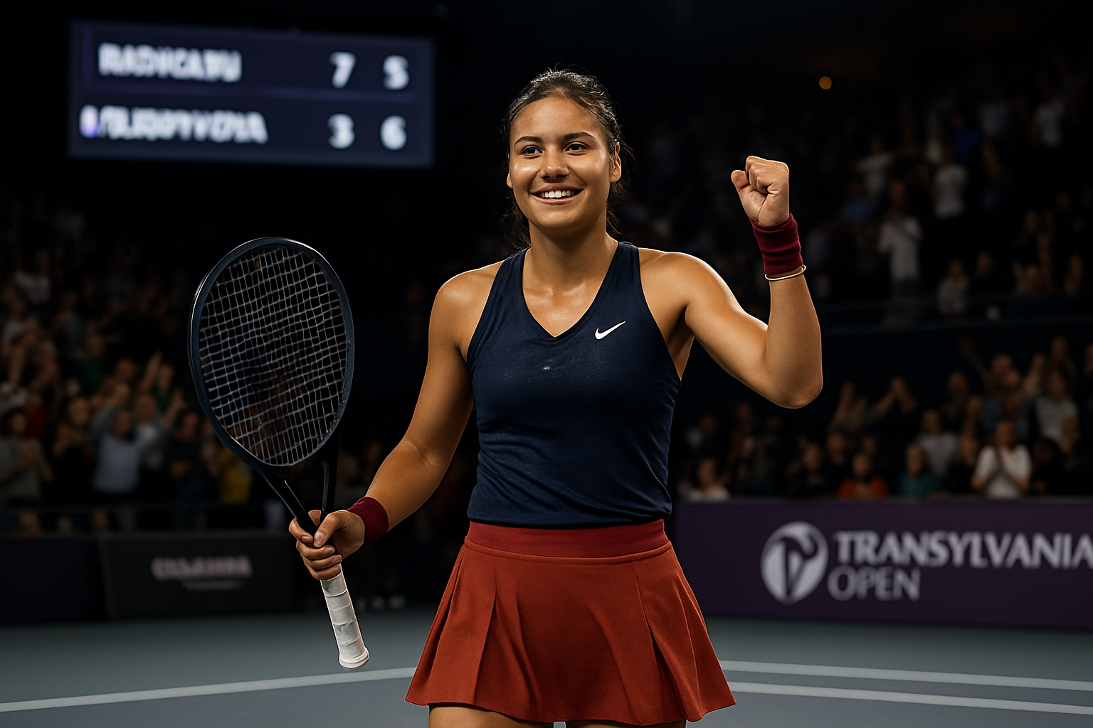 Emma Raducanu celebrates her hard-fought semifinal win at the Transylvania Open, advancing to the final.