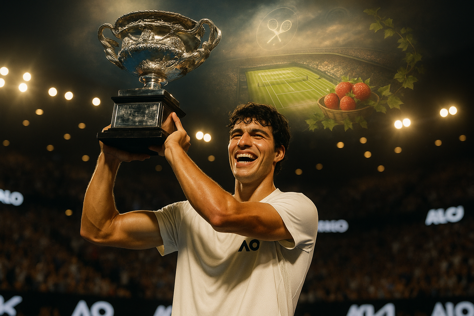 Carlos Alcaraz celebrates 2026 Australian Open victory with trophy on podium, Wimbledon imagery in background highlighting his favorite Grand Slam.
