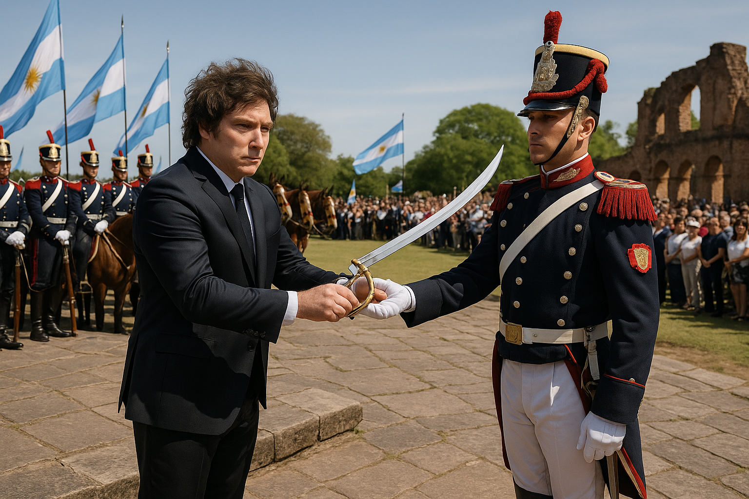 President Javier Milei transfers San Martín's historic corvo saber to Horse Grenadiers at the 213th anniversary ceremony of the Battle of San Lorenzo.