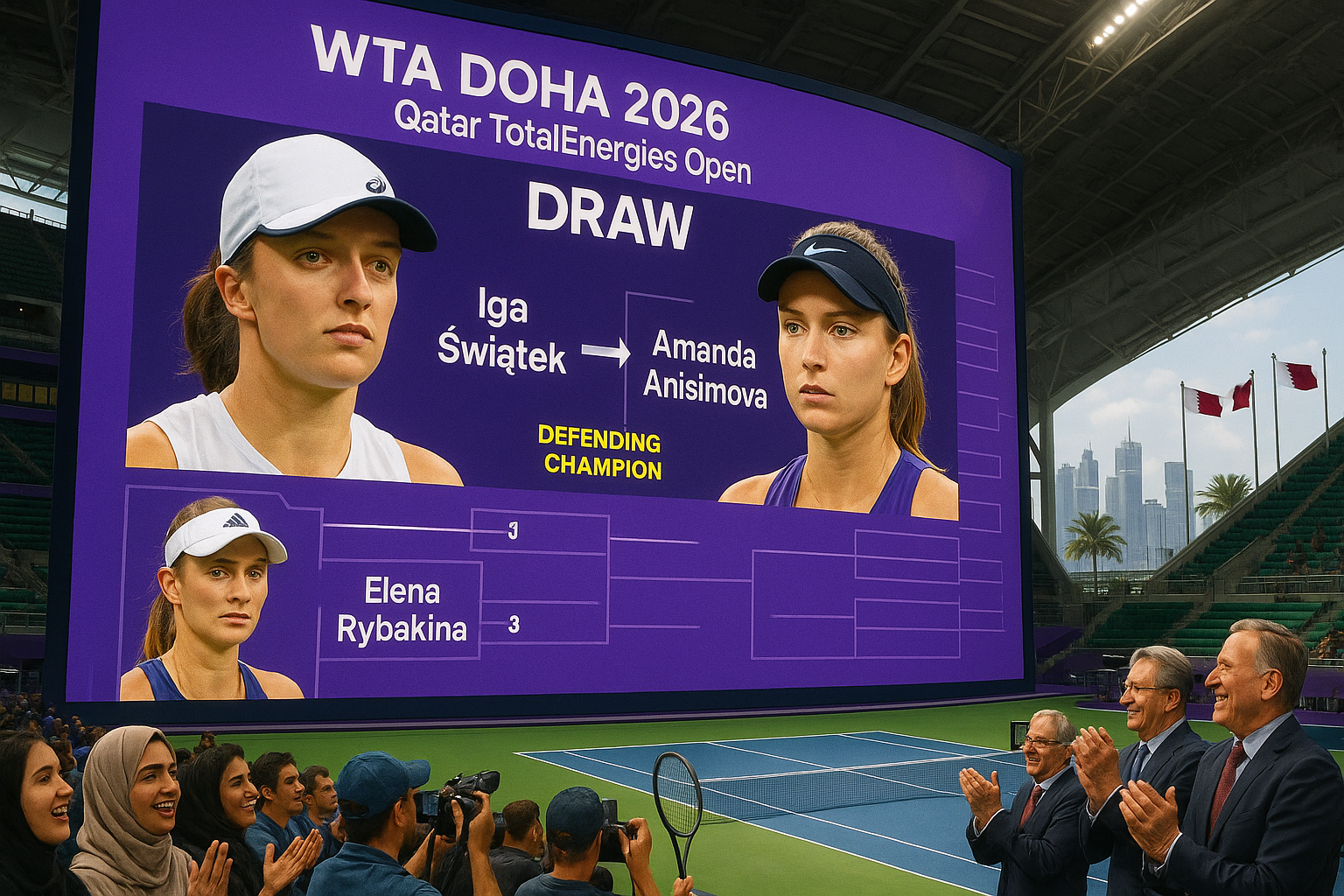 Realistic digital art of the WTA Doha 2026 draw screen showing Swiatek-Anisimova potential matchup in top half and Rybakina in bottom half, with arena crowd.
