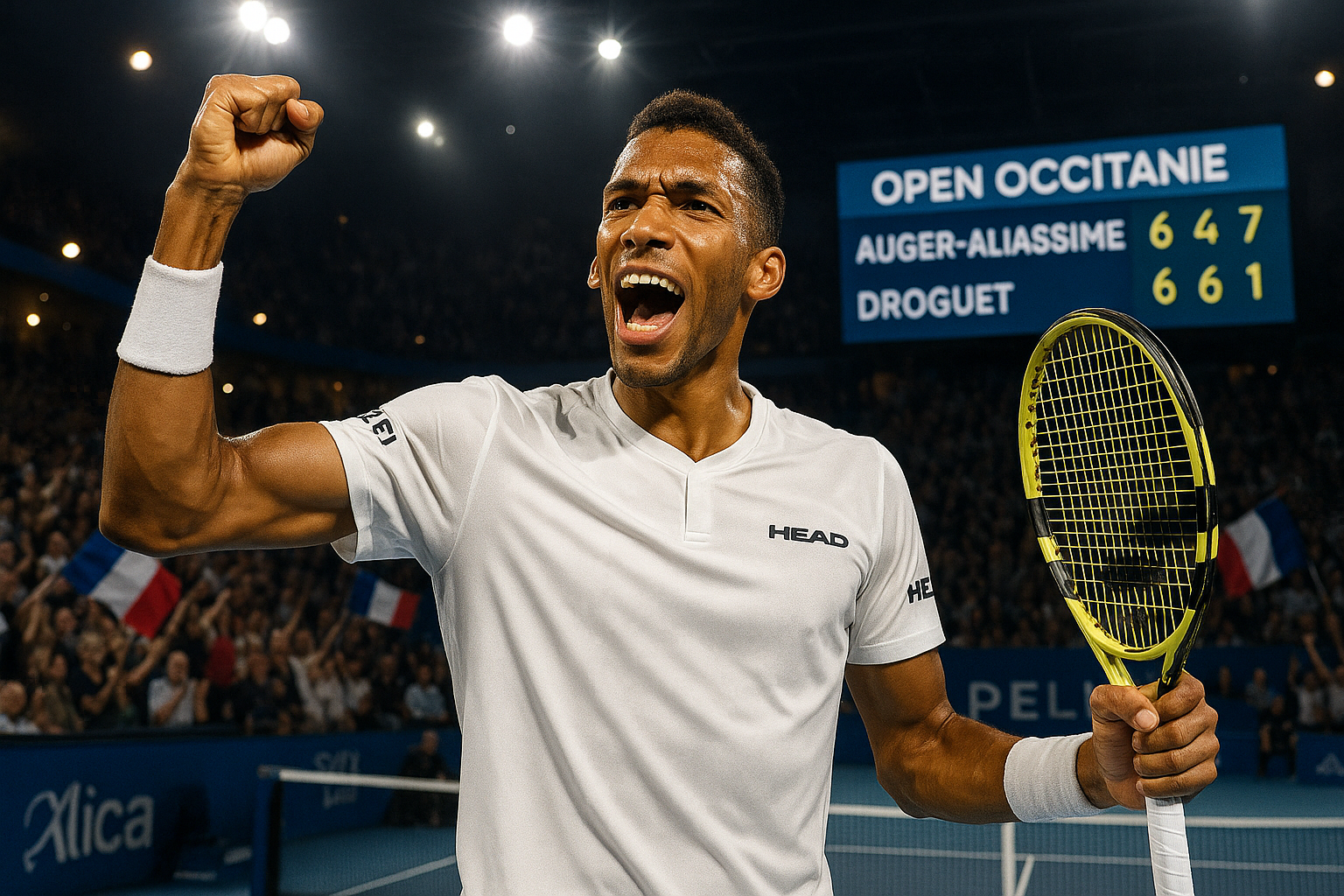 Felix Auger-Aliassime celebrates semifinal victory over Titouan Droguet to advance to Open Occitanie final.