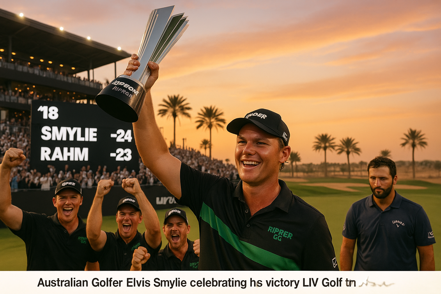 Elvis Smylie celebrates debut LIV Golf Riyadh win, holding trophy after beating Jon Rahm by one stroke at 24-under par.