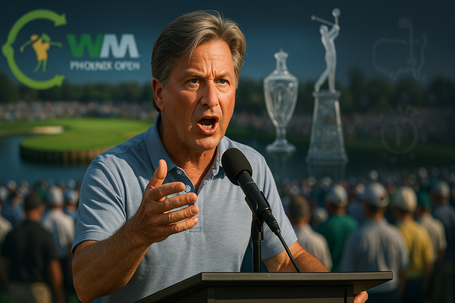 Golf analyst Brandel Chamblee passionately claims Players Championship is golf's best major, at Waste Management Phoenix Open podium with TPC Sawgrass imagery.