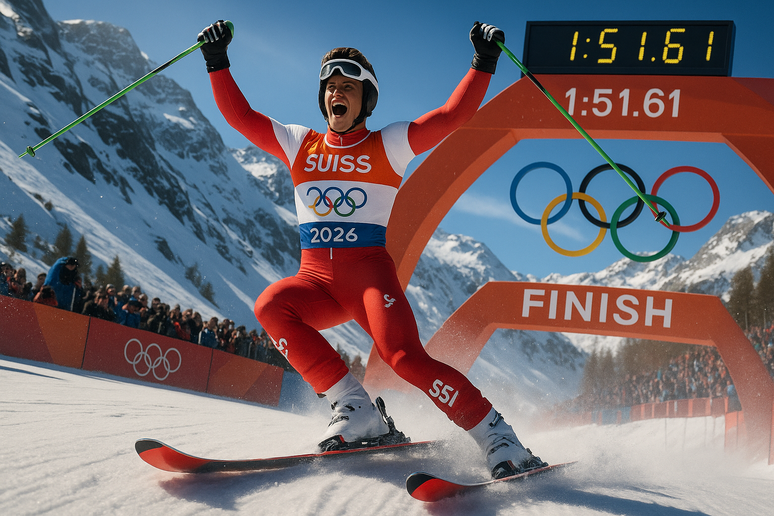 Franjo von Allmen celebrates gold medal victory crossing finish line in Olympic men's downhill on Stelvio course.