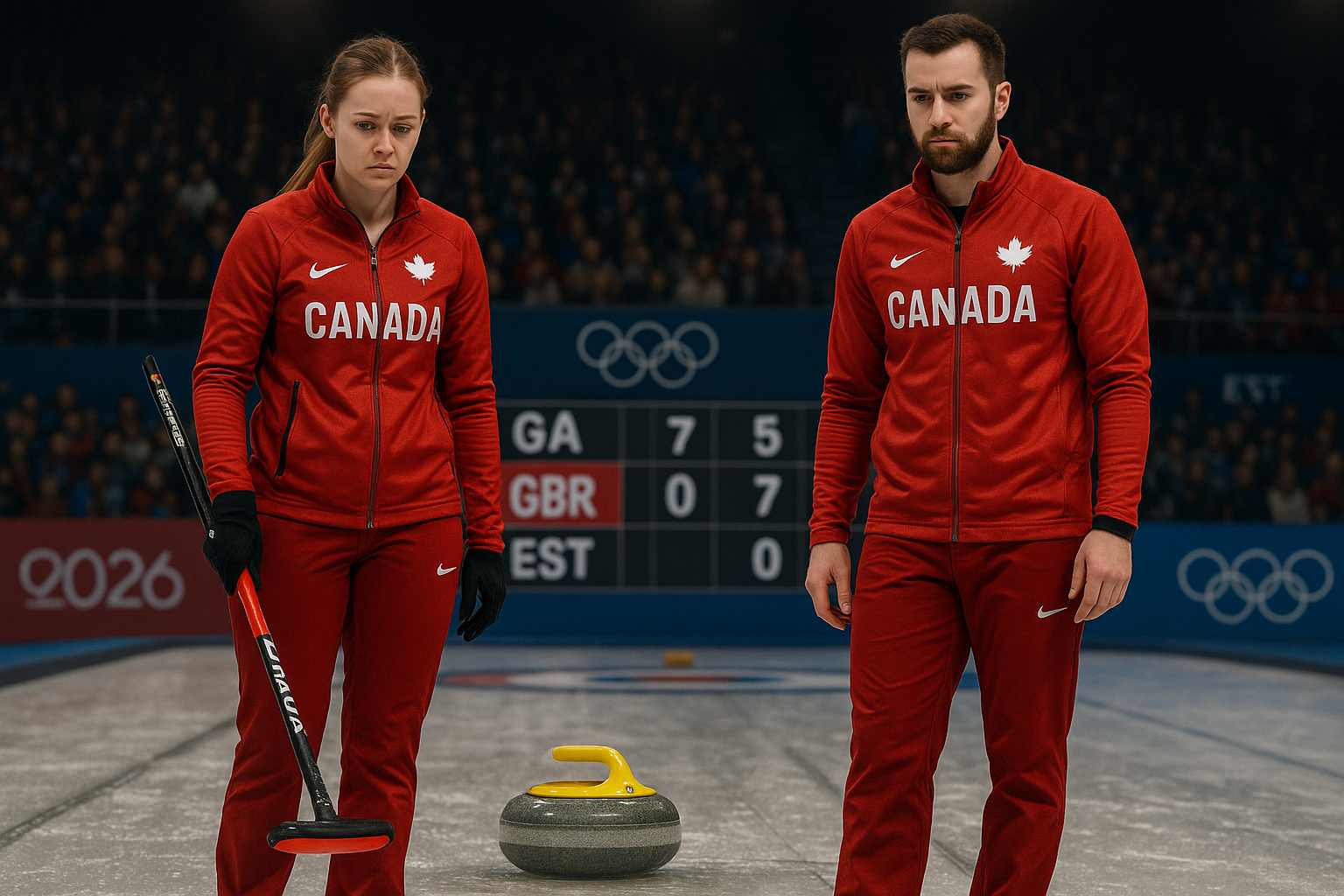 Canadian curlers Peterman and Gallant look disappointed on Olympic rink after losses to Great Britain and Estonia.