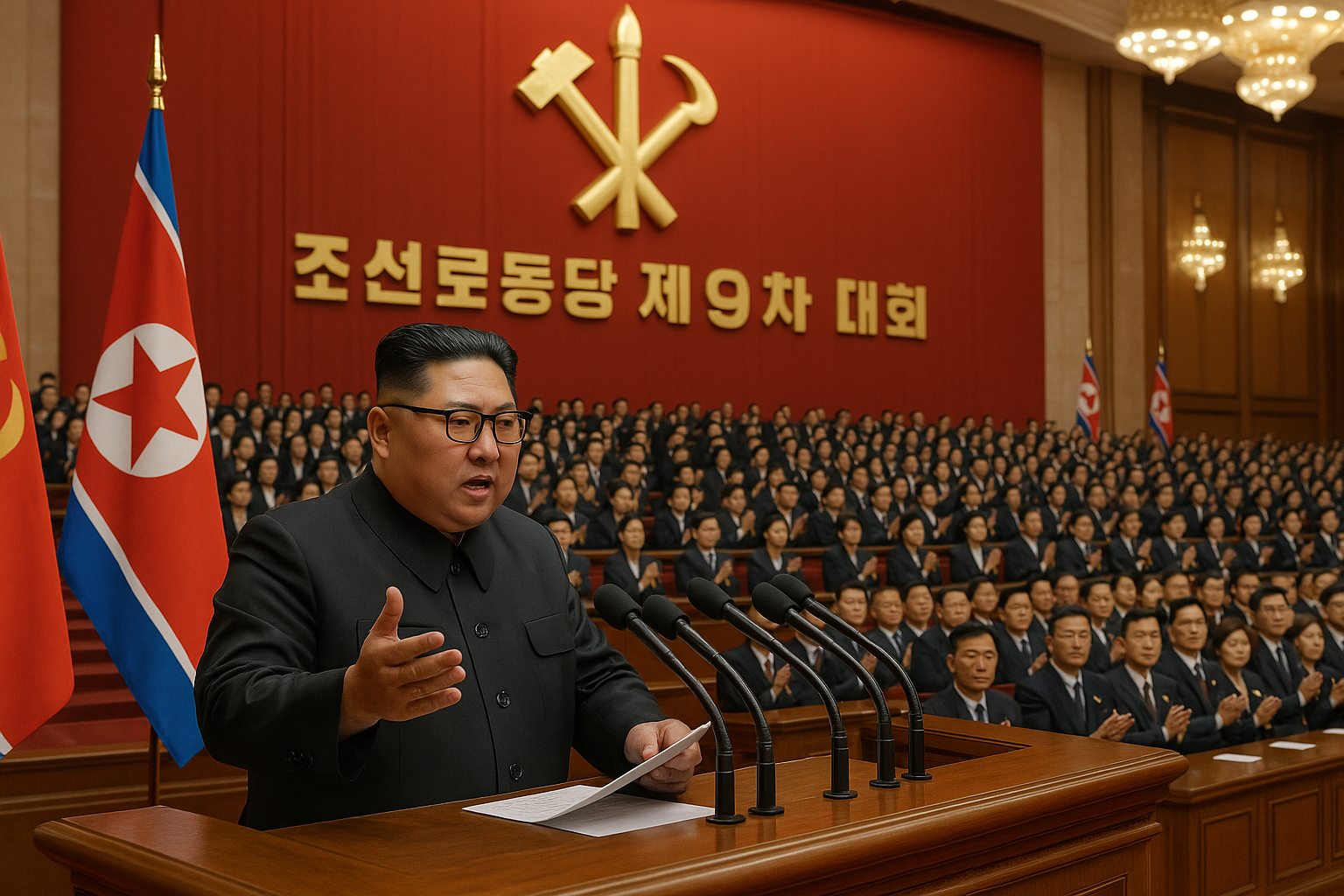 Kim Jong-un addressing delegates at the Workers' Party Congress in Pyongyang, North Korea.