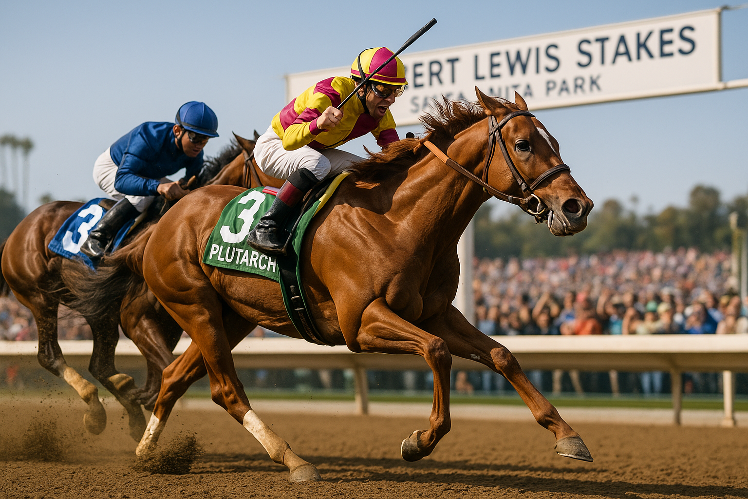 Plutarch edges out Intrepido to win the Robert Lewis Stakes, securing Bob Baffert's eighth straight victory at Santa Anita.