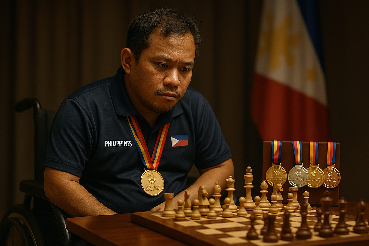 Illustrative portrait of Philippine para chess star Sander Severino at a tournament chessboard with medals, honoring his achievements.