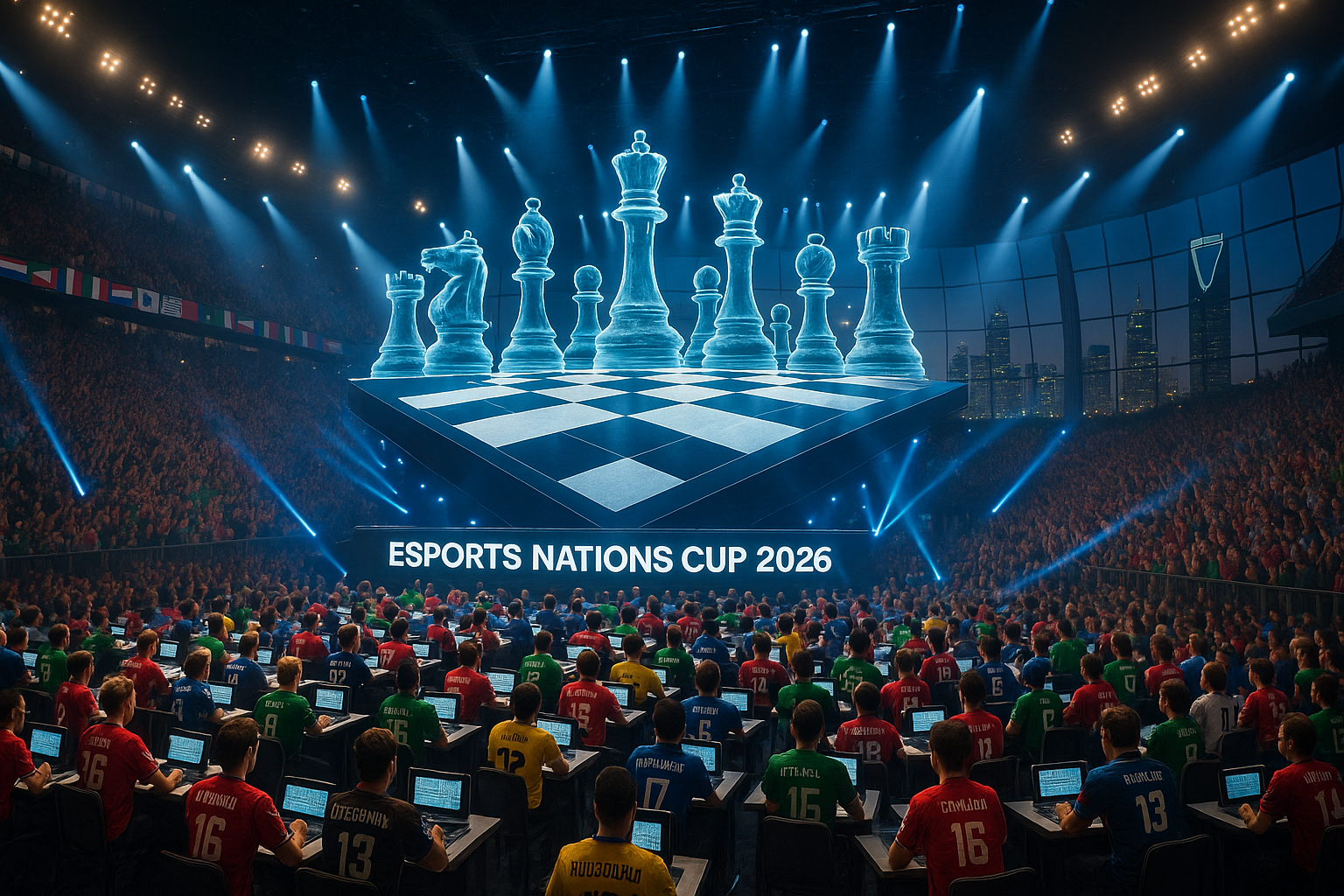 Realistic illustration of international chess players competing in the 128-player Esports Nations Cup 2026 tournament in Riyadh, Saudi Arabia.