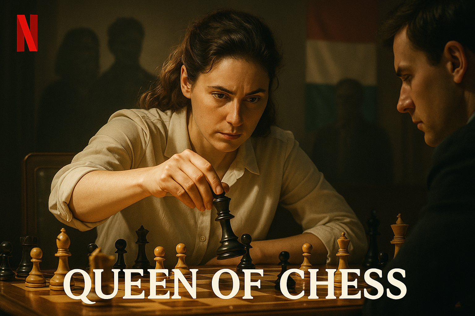 Judit Polgár intensely playing chess in the Netflix documentary 'Queen of Chess', highlighting her prodigious journey.