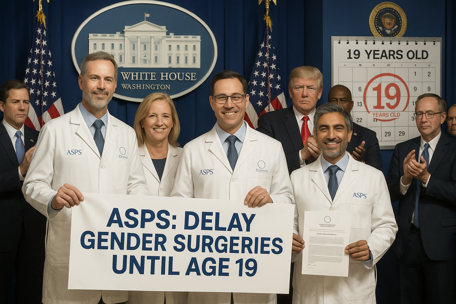 Illustration of plastic surgeons at a press conference announcing delayed gender surgeries until age 19, praised by Trump administration.