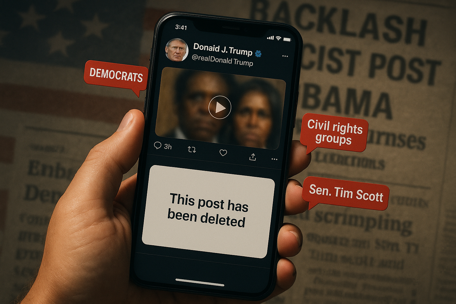 Illustration depicting Donald Trump's deleted social media post with racist Obama video and ensuing backlash notifications.