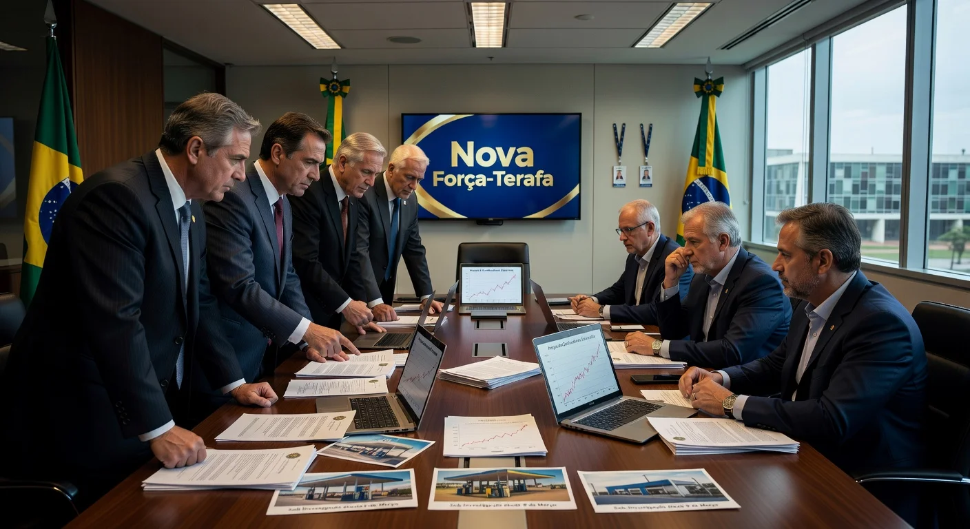 Illustration depicting AGU officials urgently requesting Senacon reports on fuel price hikes amid distributor inspections and new market monitoring task force.