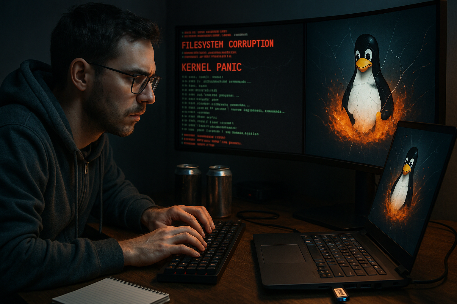 Illustration of a determined user repairing a deliberately damaged Linux system in-place using chroot and live USB, showcasing OS resilience for a MakeUseOf article.